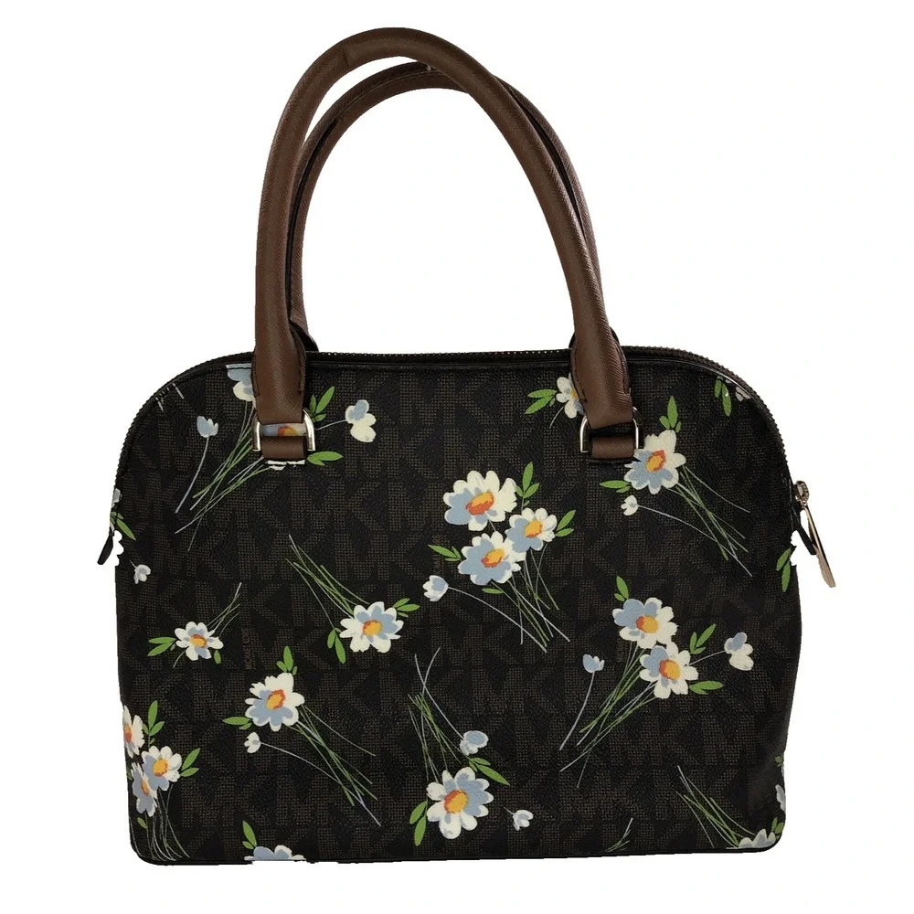 Michael Kors Cindy Dome Satchel‎ Brown White Blue Floral Handbag Purse MK Logo